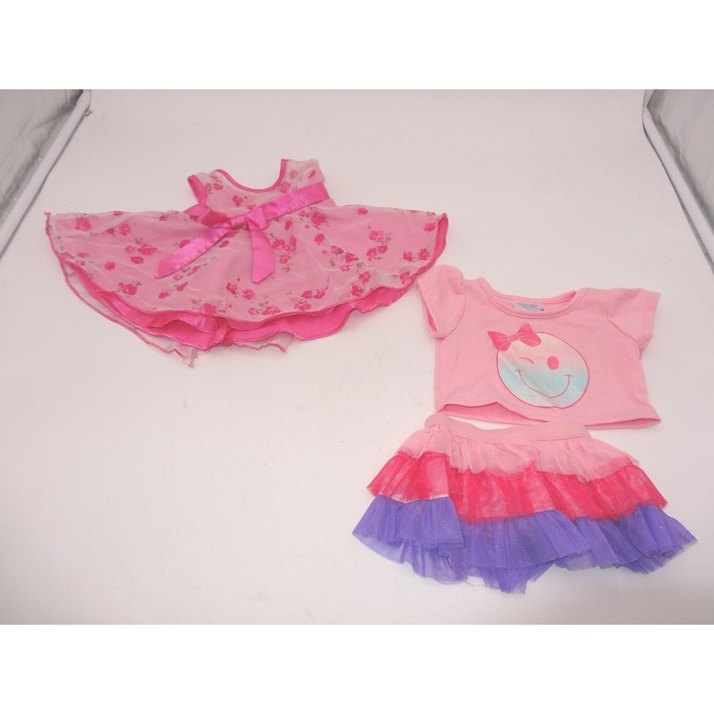 Build A Bear Pink Floral Dress and Smiley Face Skirt Set 2 pc Outfit